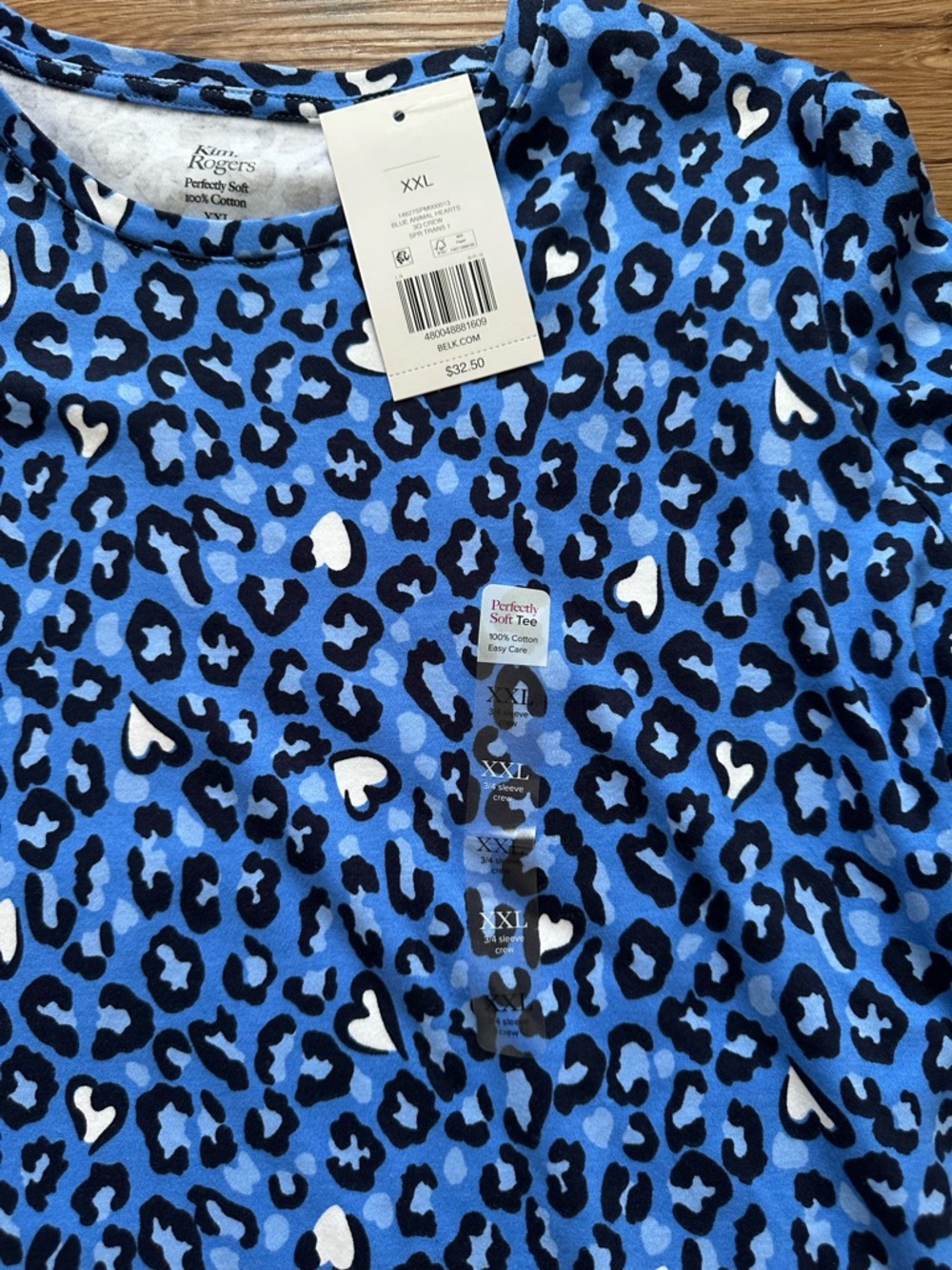 NWT Kim Rogers Blue & Black Leopard Print Tee 3/4 sleeves size xxl - Picture 2 of 6